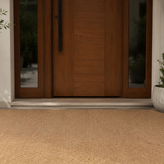 Tapis de propreté sur mesure aspect coco antidérapant aménagé au seuil d'une maison avec porte en bois