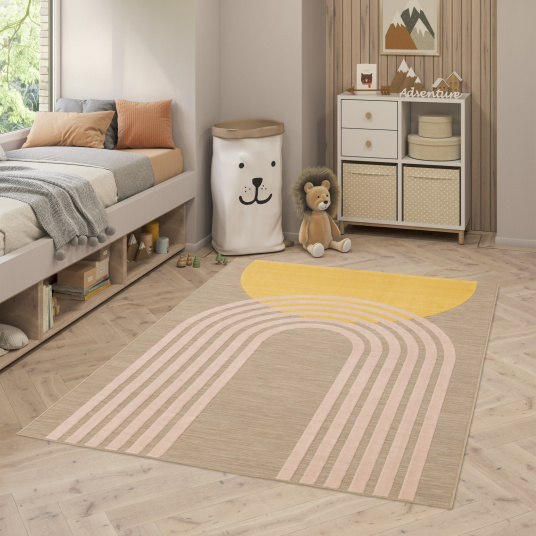 Tapis intérieur et extérieur en relief Luna beige, jaune, rose - chambre enfant
