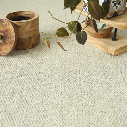 Ambiance déco naturelle sur le sol en sisal Tulum blanchi avec boîte en bois et plante