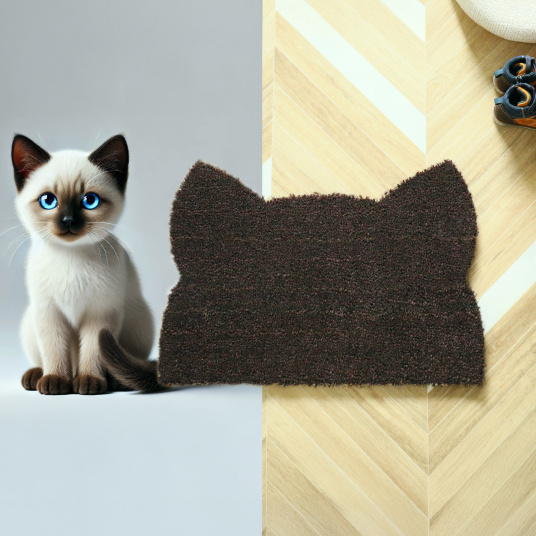 Paillasson Coco Chat Miaou brun en fibres naturelles, scène déco avec chat, exclusivité Décoweb