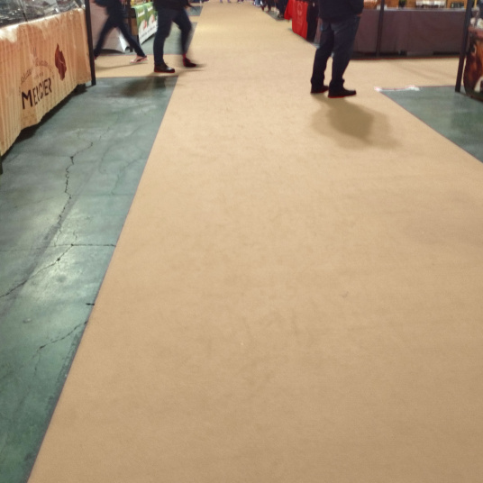 Moquette sable Stand Expo filmé, allée élégante au style tapis rouge pour événements