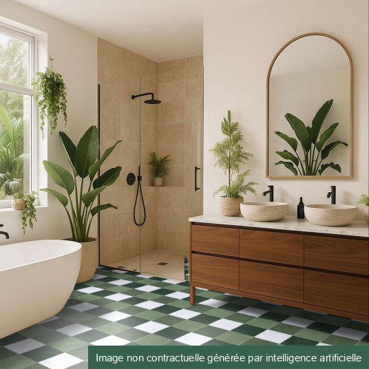 ol Maison Vichy vert dans une salle de bain végétale au style naturel