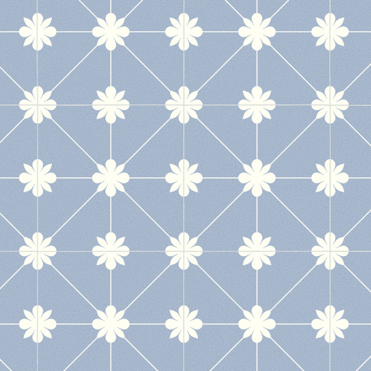 Carreau au motif géométrique à fleurs blanches sur fond bleu ciel – Sol Vinyle Élite Lexington Bloom bleu azur envers textile