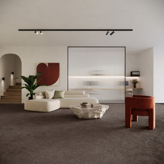 Tapis sur mesure Re-cycle marron brun en fibres recyclées dans un salon moderne et épuré