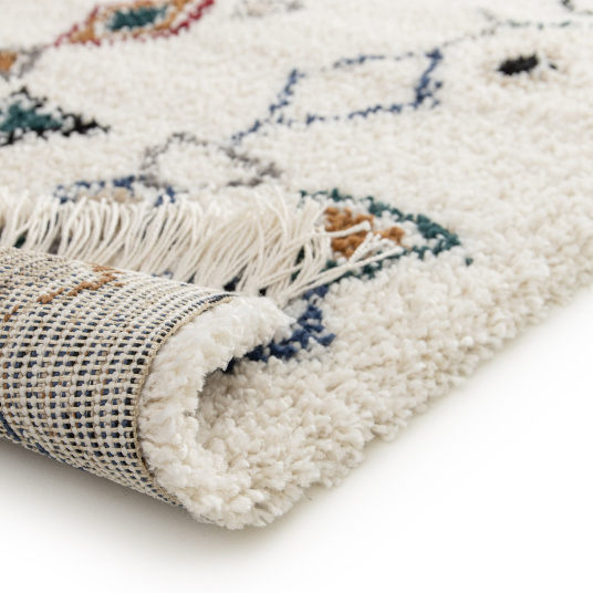 Tapis motif berbère à franges - Empreinte du désert - Bleu touareg, camel - envers