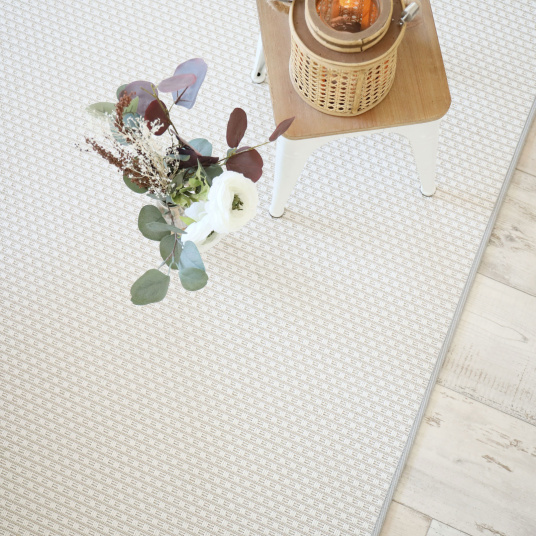 Tapis tissé plat blanc finition synthétique grise - vue de haut