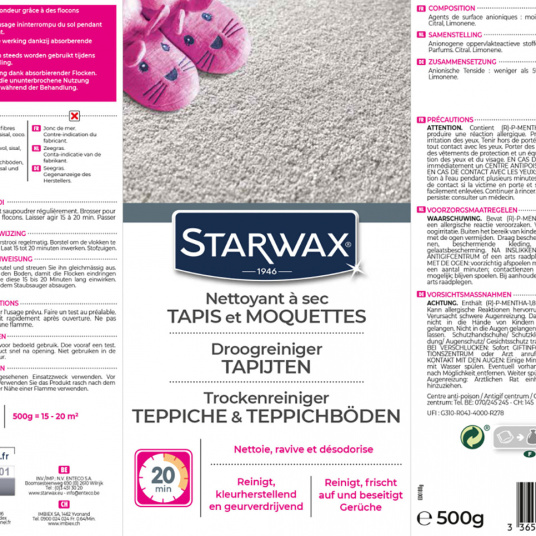 Nettoyant à sec Tapis Moquettes Starwax - 500g - étiquette