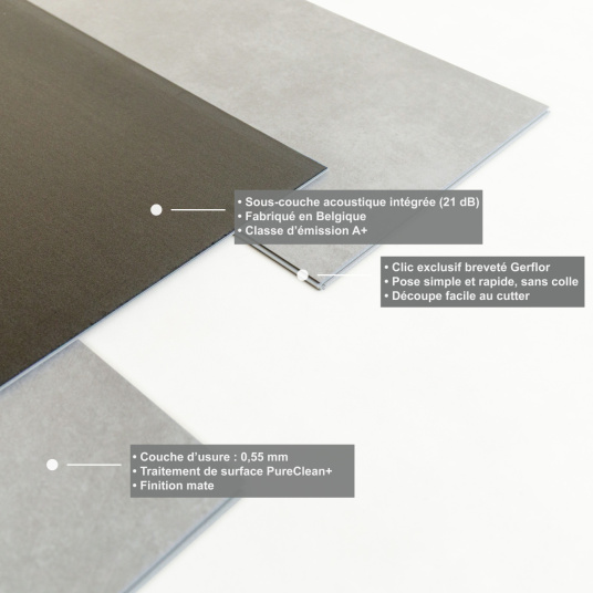 Dalle vinyle - Gerflor Senso Premium Rigid Acoustic - Pepper light avec représentation technique de la dalle PVC et de sa sous-couche intégrée