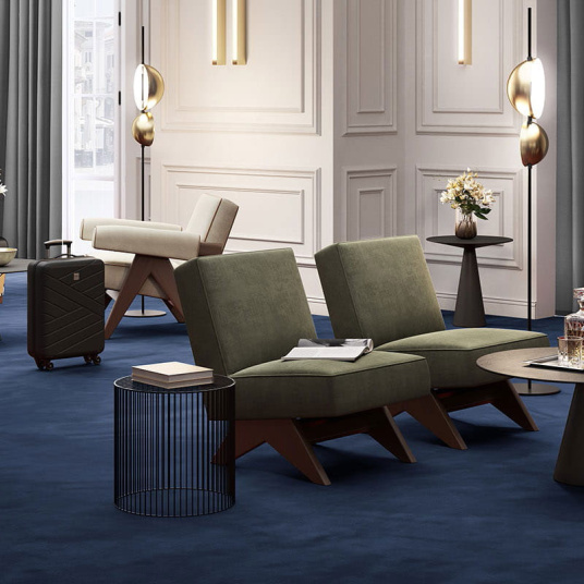 Sol textile haute performance bleu denim Sylon créant une ambiance douce et moderne