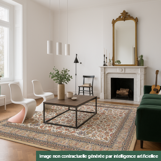 Tapis Mamie in love corail doux dans un salon lumineux avec cheminée et canapé vert