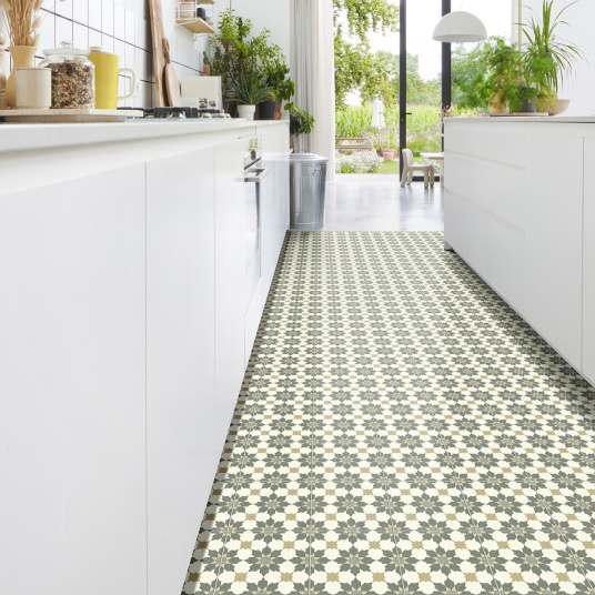 Sol Vinyle Link Plus - Carreaux de ciment motif beige - Surface brillante - cuisine