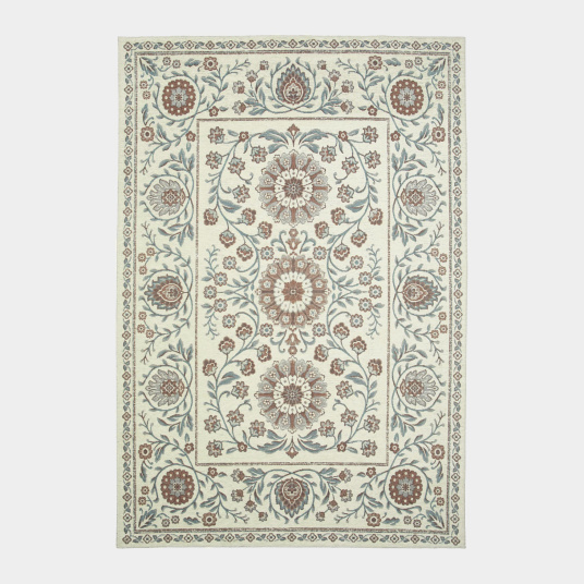 Tapis Minia Brume en tissu chenille recyclé aux nuances bleu gris et terracotta