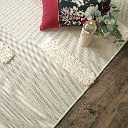 Tapis en relief géométrique - Salvador - Lignes écru et beige naturel - Vue de haut