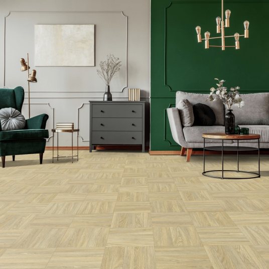 Parquet vinyle rétro imitation mosaïque chêne clair dans pièce de vie chic et rétro