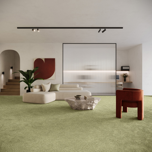 Tapis sur mesure vert kaki Re-cycle dans un salon, confort et engagement écoresponsable