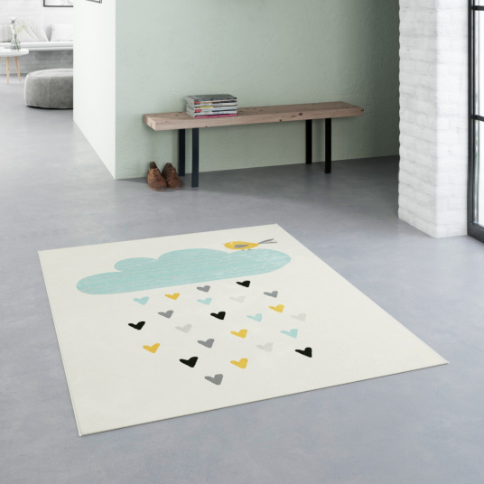 Tapis chambre d'enfant - Petits Cœurs - Beige et motifs colorés - salle de jeu