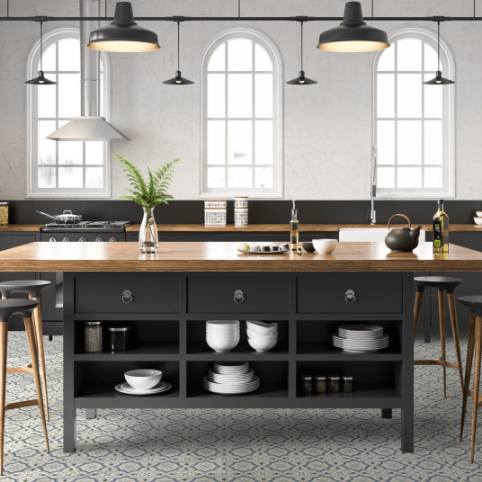 Sol Vinyle Textile Rénove - Effet carreaux de ciment arabesques bleu et gris - Cuisine