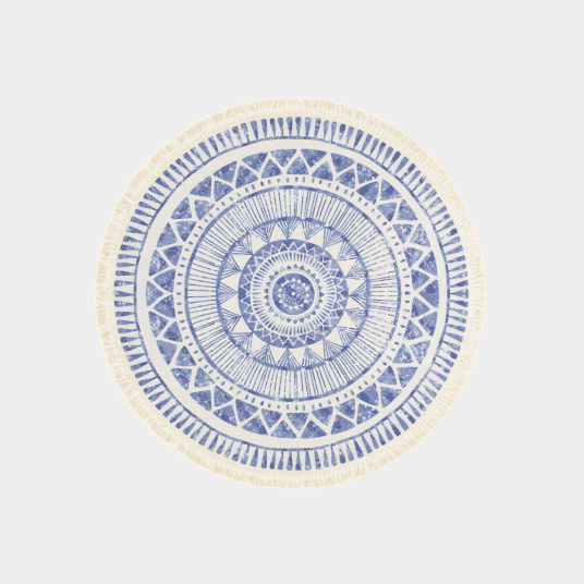 Tapis rond en coton blanc à franges - Aztèque - Motifs bleu