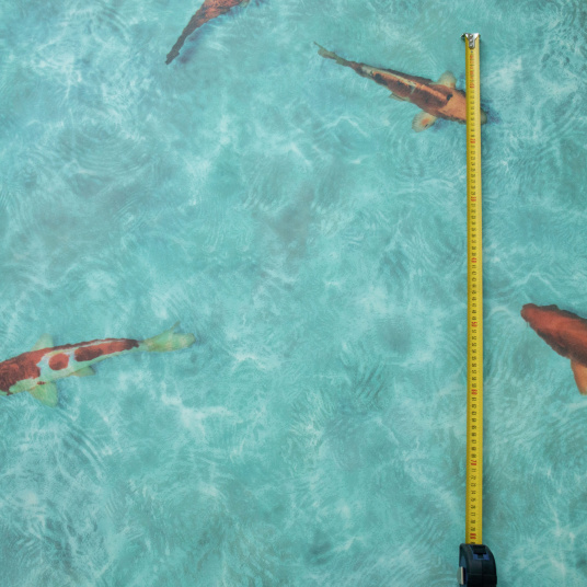 Sol Vinyle Textile – Relief 3D – Imprimé poisson Koï japonais, vue du motif avec échelle pour dimension des poissons