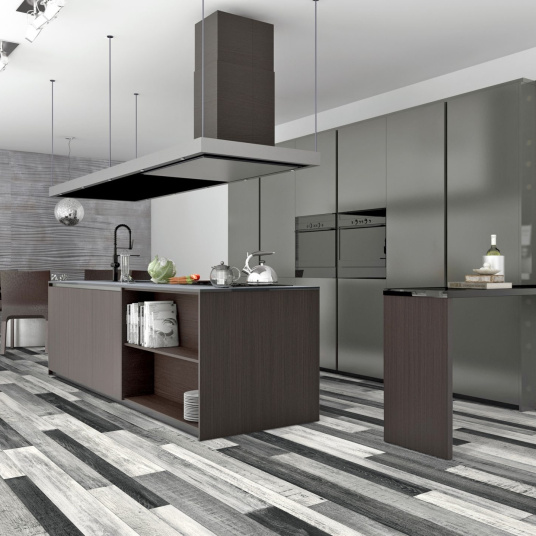 Sol Vinyle Link Plus - Imitation parquet noir et blanc - Surface brillante - cuisine