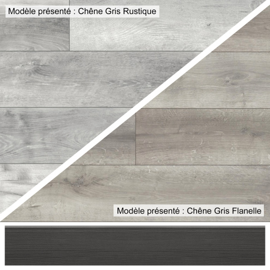 Présentation de la plinthe Modèle V sous un échantillon de sol stratifié Kronoswiss