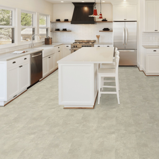 Sol Vinyle Textile Grande largeur - Carrelage pierre naturelle - Travertin crème - Cuisine