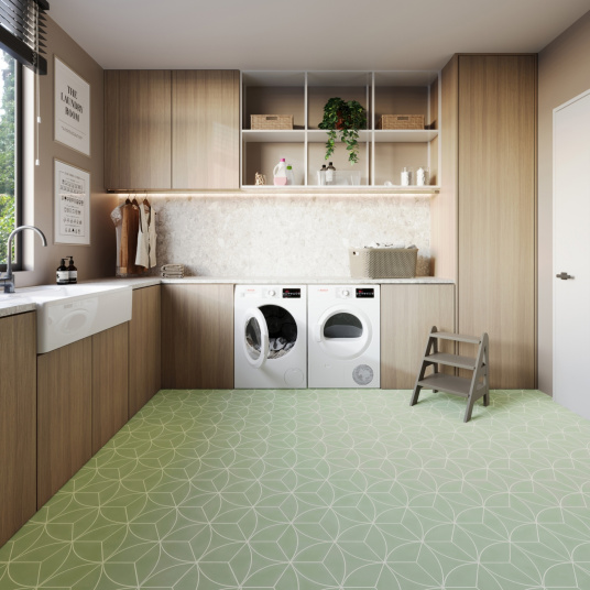 Sol Vinyle Textile économique - Rosace géométrique - Vert d'eau - salle d'eau