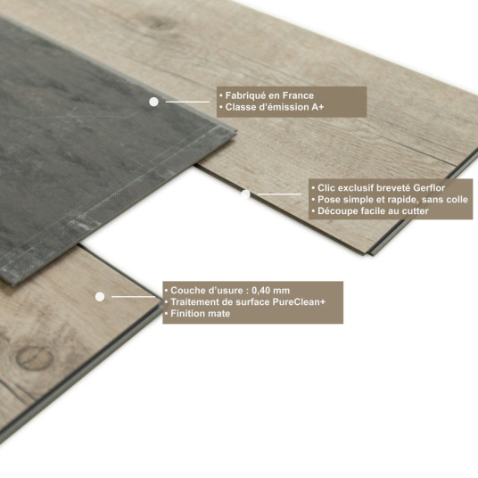 Lame vinyle - Gerflor Senso Clic 3 - Pecan nature avec vue éclatée des différentes couches du revêtement