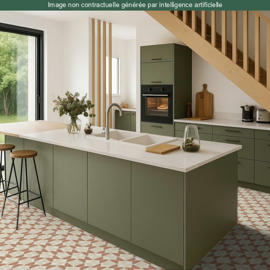 Tapis graphique terracotta et crème dans cuisine verte avec îlot central