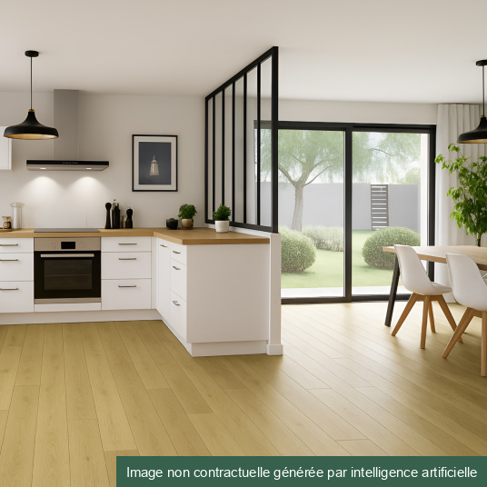 Sol vinyle Forest à lames XXL à clipser dans cuisine moderne avec grande baie vitrée