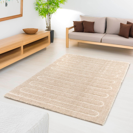 Tapis d’intérieur Zig-Zag caramel ambiance cocooning et design architectural dans un salon