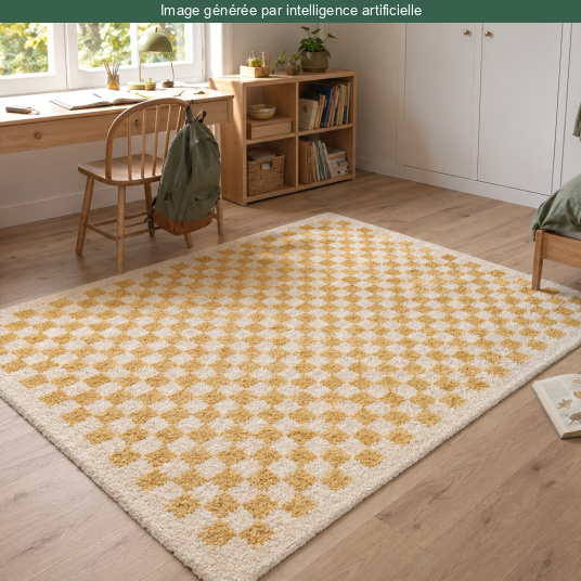 Tapis damier à poils longs Colorama - Jaune rétro apportant douceur et chaleur à une chambre d'enfant ou d'adolescent