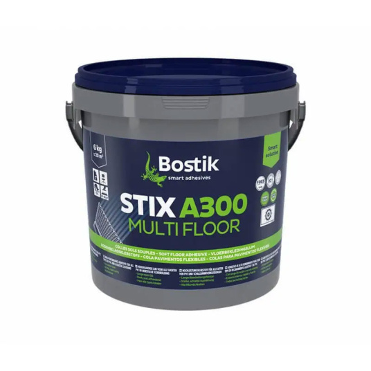 Colle sols souples Bostik STIX A300 Multi Floor, seau de colle acrylique polyvalente sans solvant pour la pose de revêtements PVC, textiles et fibres naturelles
