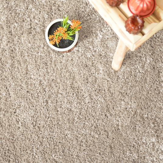 Tapis épais shaggy beige Back70, surface douce et confortable dans ambiance naturelle
