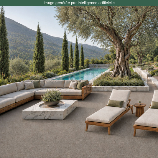 Mise en situation de la moquette d’extérieur beige sable sur une terrasse contemporaine