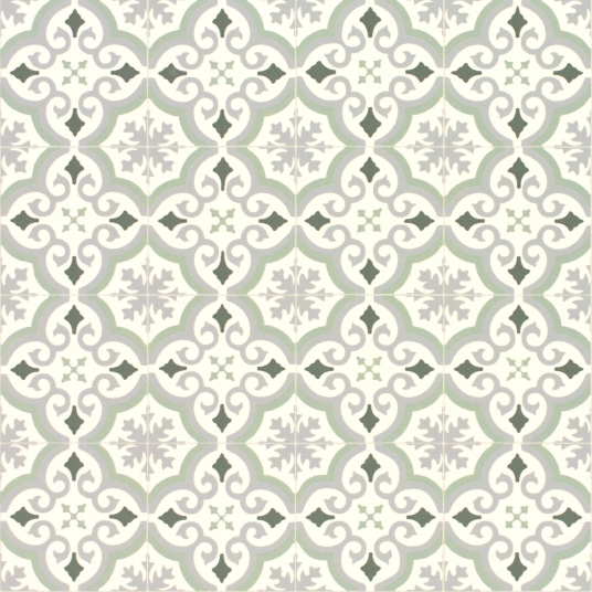 Sol vinyle textile économique effet carreaux de ciment arabesques vert et gris