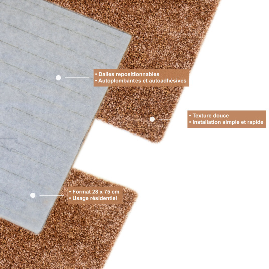 Dalle de moquette repositionnable Flexi Home Terracotta, présentation du support autoplombant repositionnable