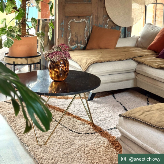 Tapis Courbes du Désert beige et marron dans salon lumineux ambiance douce et naturelle