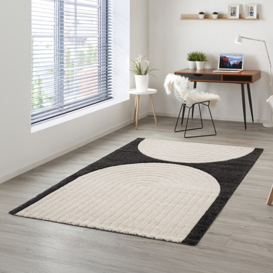 Tapis de salon en relief Modern Circle noir et crème - bureau