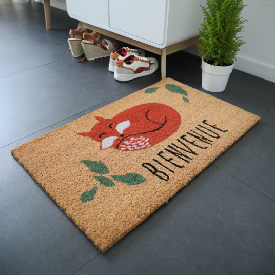 Paillasson Coco 45 x 75 cm Renard installé devant un meuble d’entrée, dossier PVC, paillasson anti-poussière résistant au grattage