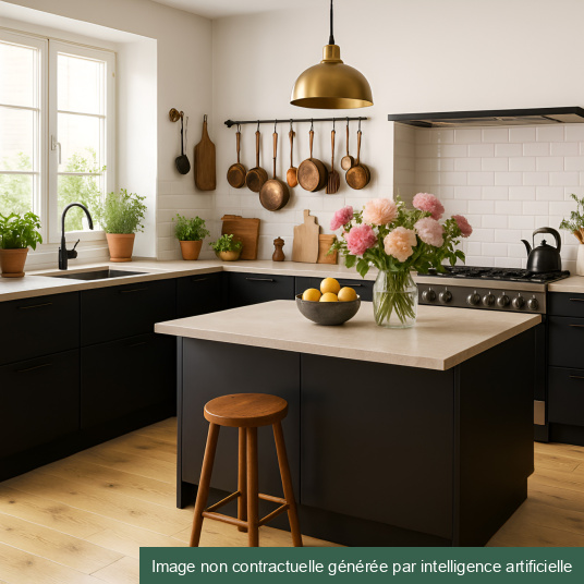 Ambiance conviviale dans la cuisine avec le parquet vinyle rigide clipsable Ultime Old Brown en lames XXL