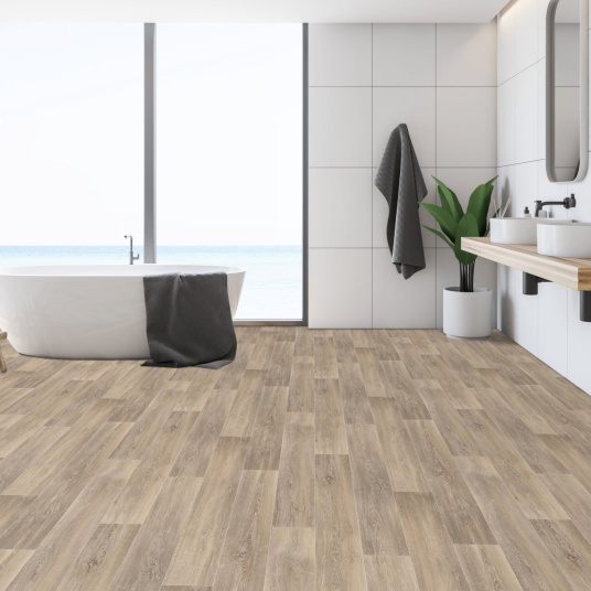 Sol Vinyle Textile Grande largeur - Aspect parquet chêne cérusé - salle de bain