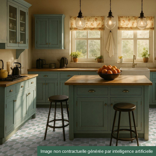 ol Vinyle Mood - Atelier Bauhaus - Vert dans une cuisine aux meubles bleu pastel