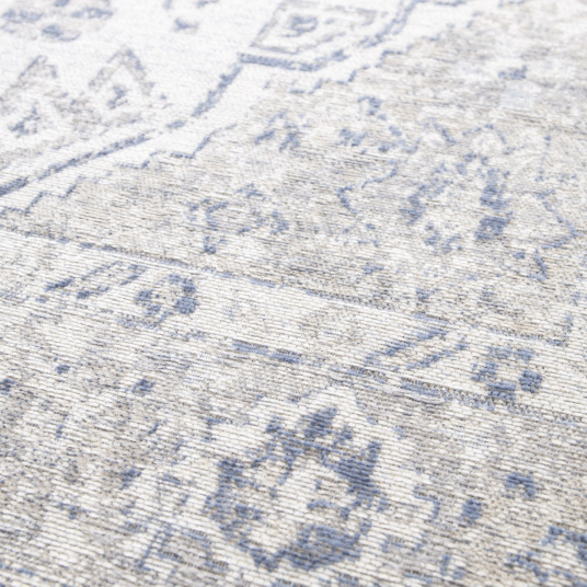 Tapis à motif oriental en tissus chenille recyclé - Yanis - Gris et bleu - gros plan