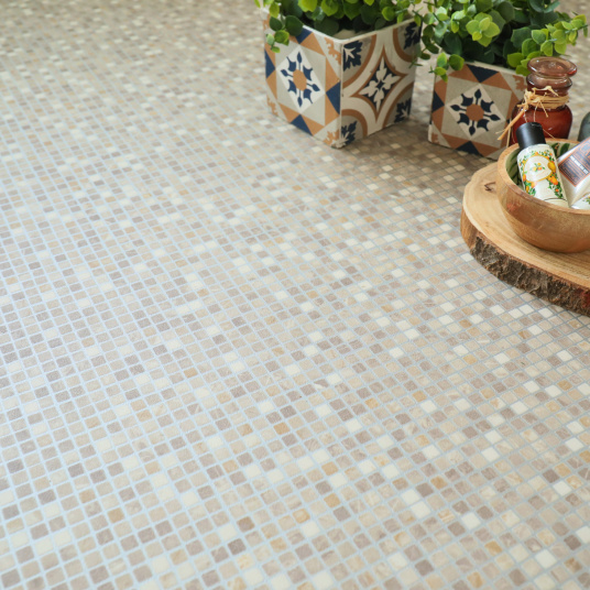 Sol Vinyle envers textile carrelage mosaïque beige - salle de bain