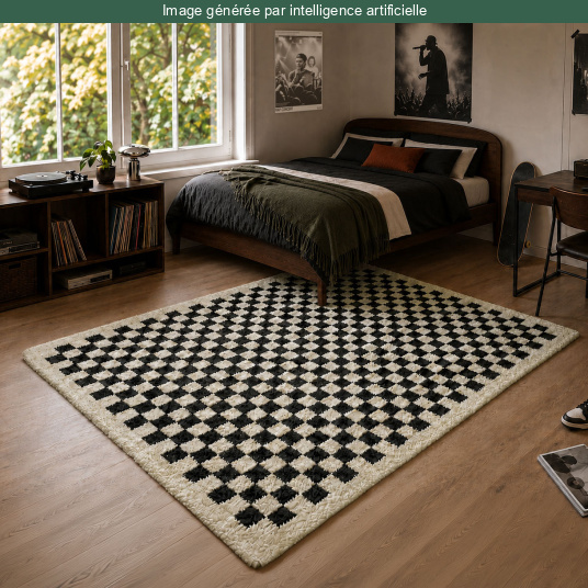 Tapis damier à poils longs Colorama - Noir et blanc habillant un séjour avec un motif graphique iconique