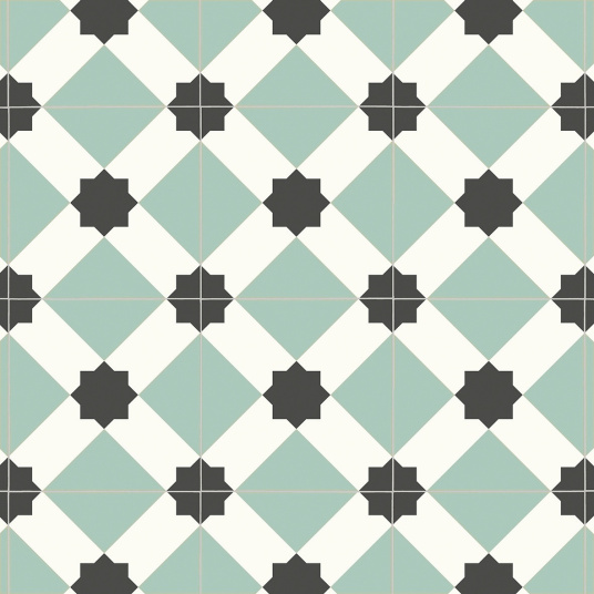 Sol vinyle effet carreaux de ciment géométrique vert d'eau - motif graphique rétro chic