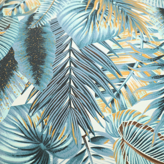 Papier peint vinyle sur intissé - Néo Jungle - Feuilles exotiques bleues - vue de près