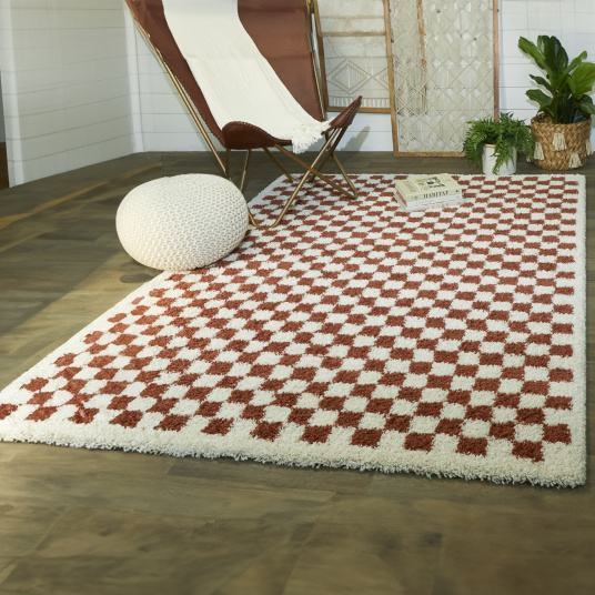 Tapis damier à poils longs - Colorama - Rouge terracotta - salon