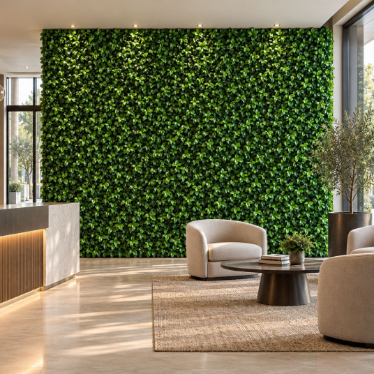 Mur végétal artificiel - Feuilles de Gardénia - Intérieur et extérieur installé dans l’espace d’accueil contemporain d’un hôtel